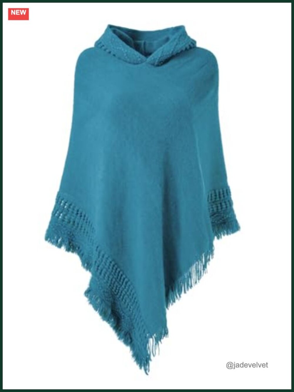 Hooded Knit Poncho with Fringe Crochet Trim Relaxed One Size